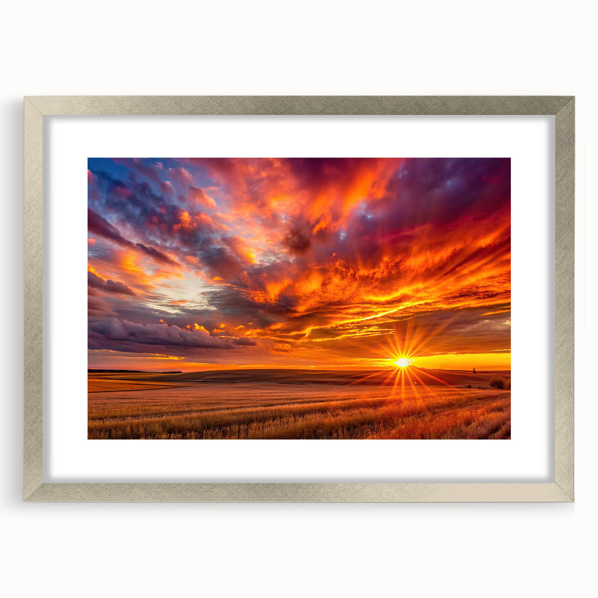 Textured art print depicting an abstract scenery of Saskatchewan, in muted earth tones, framed with a silver mat.