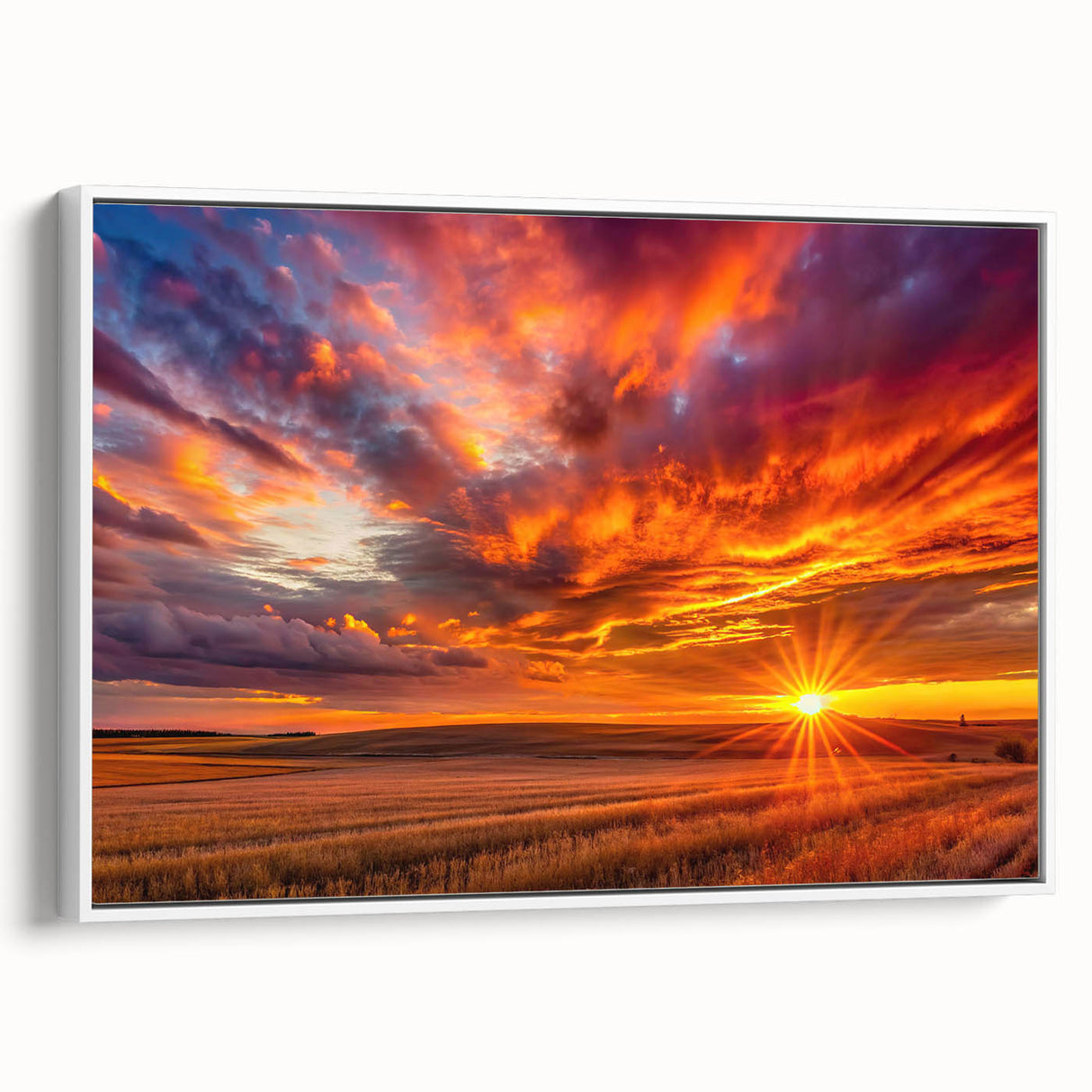 Vintage poster art of a Saskatchewan landscape in vibrant colors on a white-framed canvas, suitable for living room decor.
