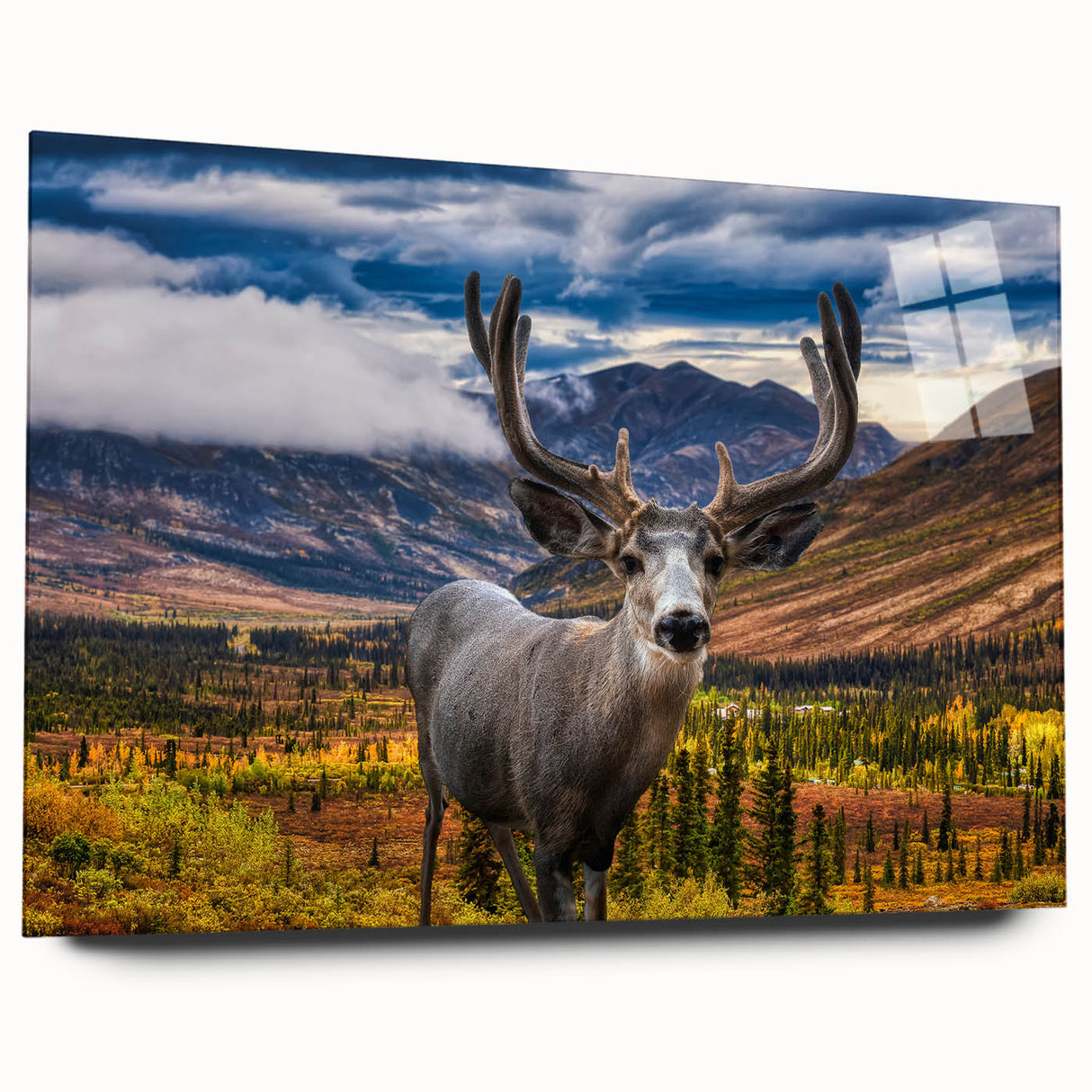 Large abstract depiction of Yukon scenery in muted earth tones on acrylic glass, suitable for bedroom or dining room decor.