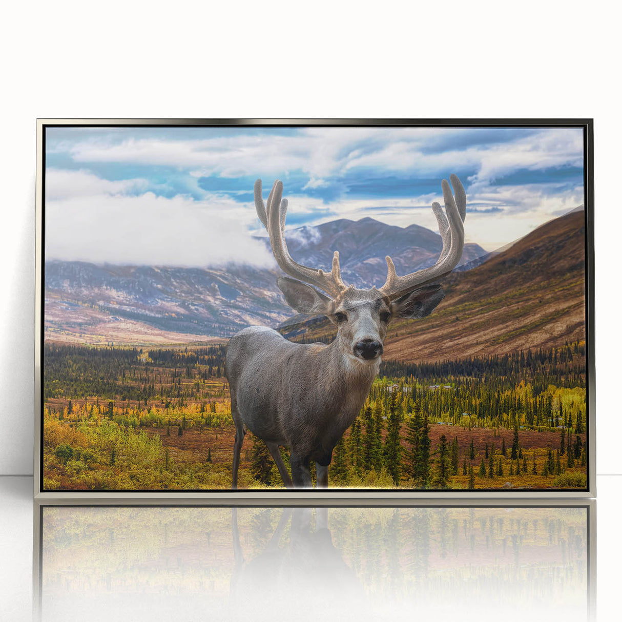 Mid-century modernist art depicting the Yukon scenery in muted earth tones on a framed acrylic panel.