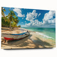 Large abstract wall art of Caribbean Antigua scenery on acrylic glass, in vibrant blue and green tones.
