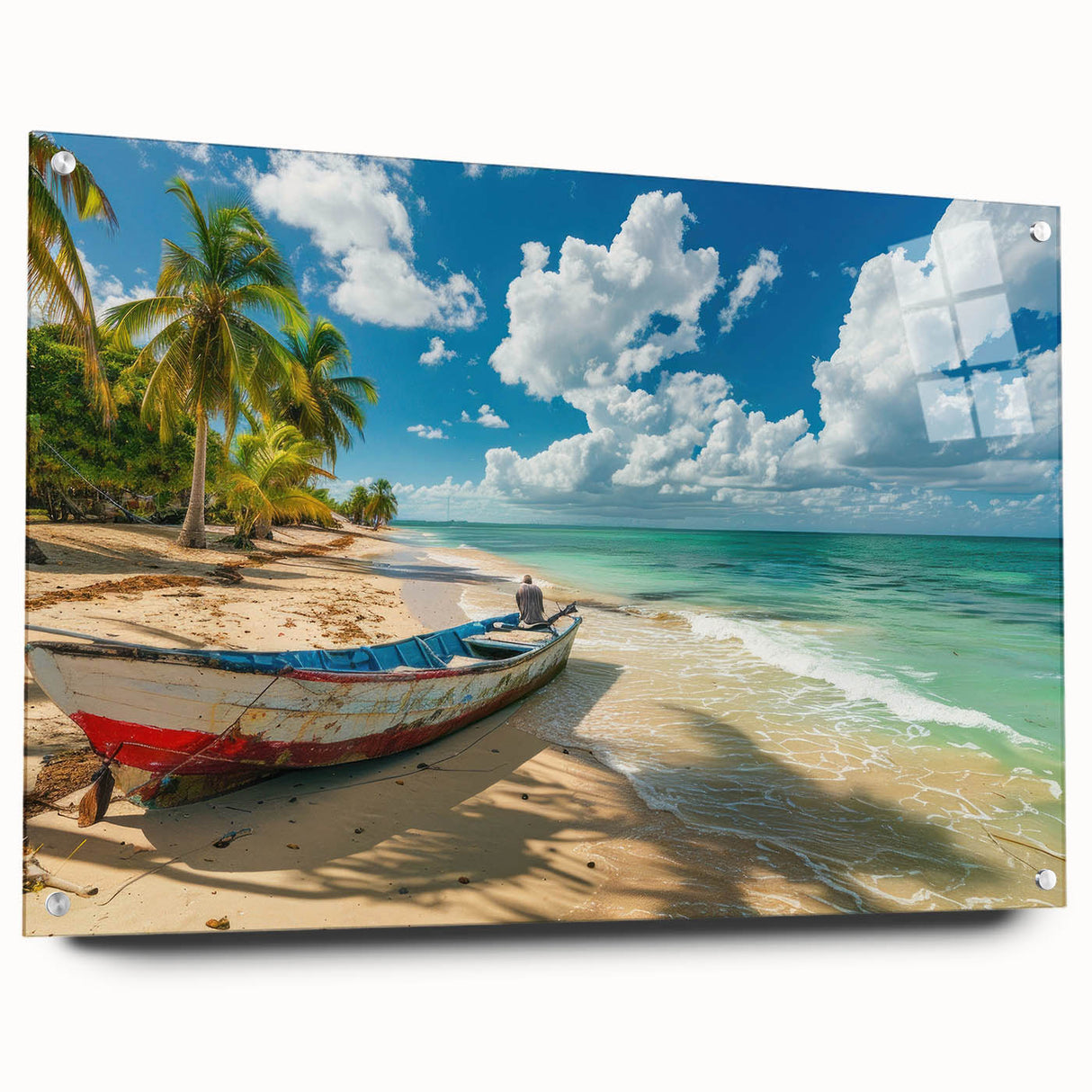 Large abstract wall art of Caribbean Antigua scenery on acrylic glass, in vibrant blue and green tones.