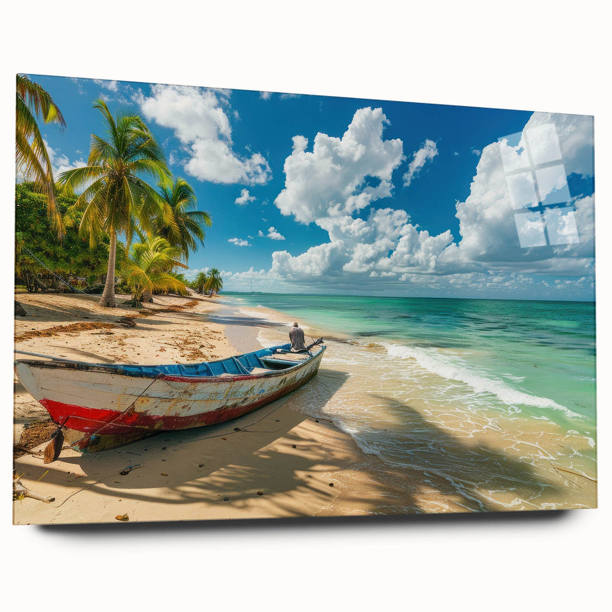 Large abstract wall art featuring serene Caribbean scenery in soft blue and green tones on acrylic glass.