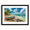 Colorful abstract art print featuring vibrant Caribbean scenery on a large textured canvas, ideal for living room decor.