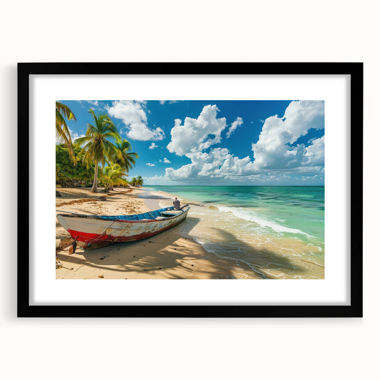 Colorful abstract art print featuring vibrant Caribbean scenery on a large textured canvas, ideal for living room decor.