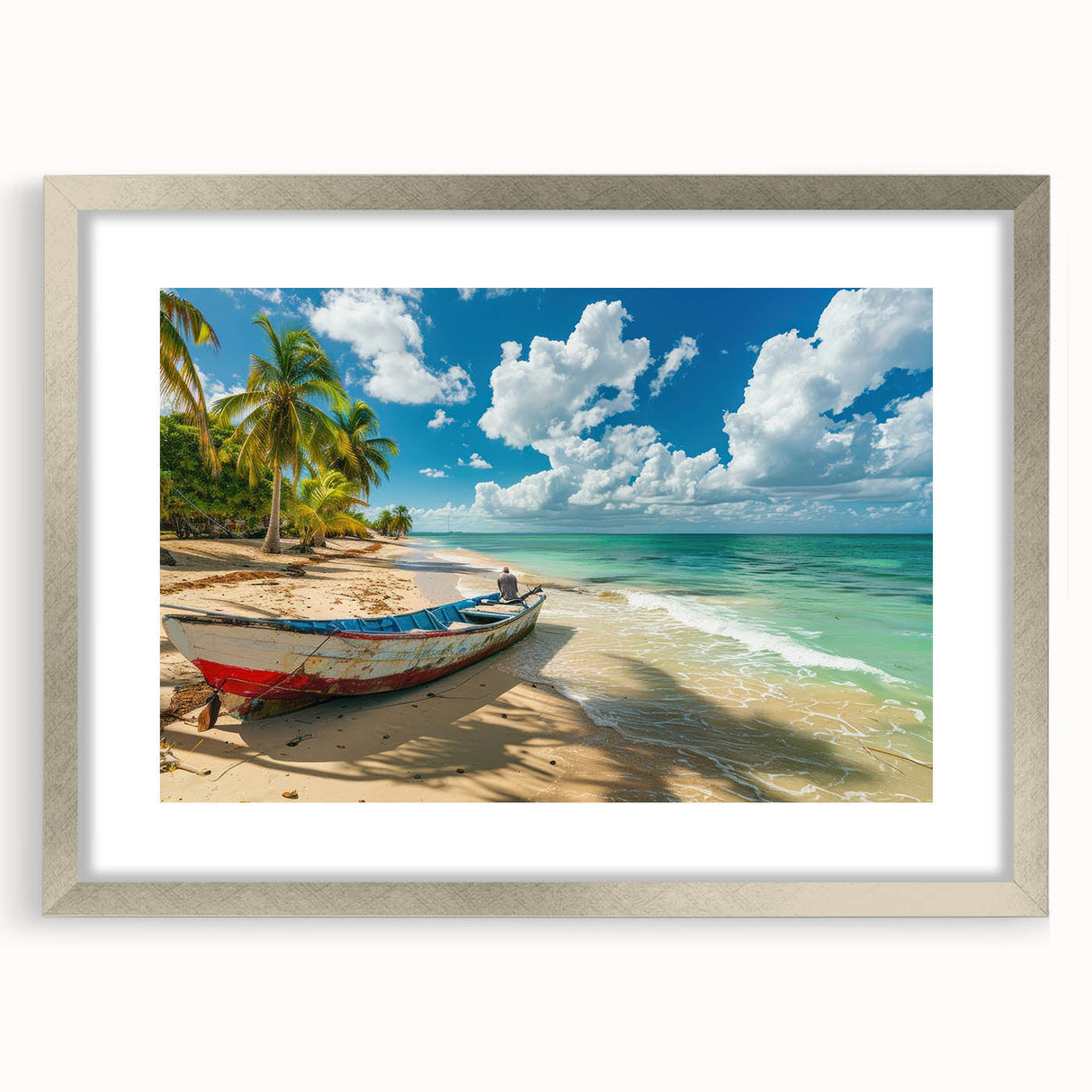 Extra large abstract art print depicting Caribbean scenery in vibrant blue and green tones on a textured canvas.