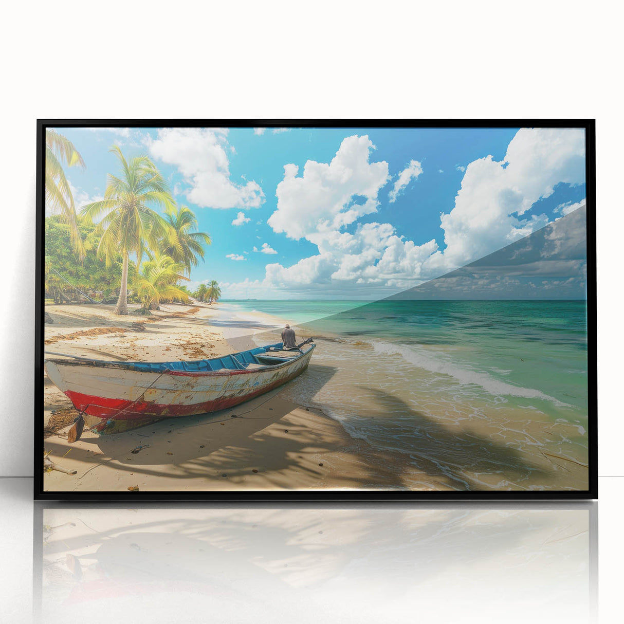 Framed acrylic print of a large abstract wall art depicting vibrant Caribbean scenery, ideal for modern art wall decor.