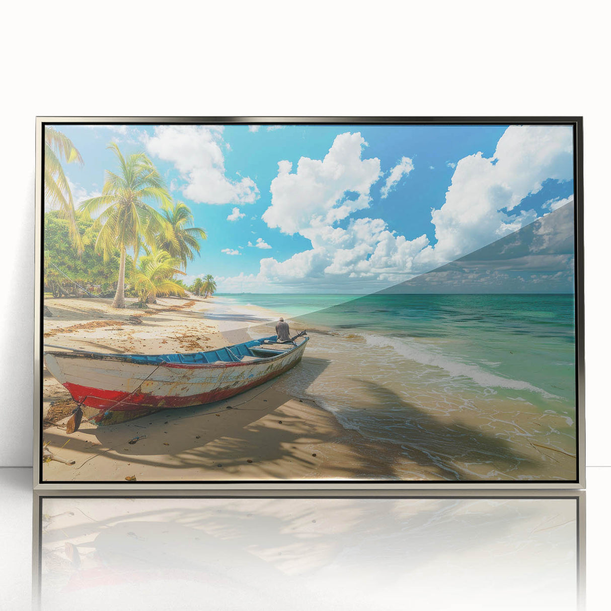 Large art print of a serene Caribbean beach on a silver-framed acrylic, featuring mid-century modernist style.