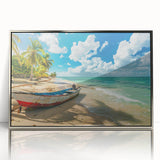 Large art print of a serene Caribbean beach on a silver-framed acrylic, featuring mid-century modernist style.