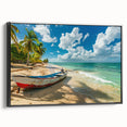 Black and white framed canvas of a serene Antiguan landscape, ideal for bedroom wall decor.