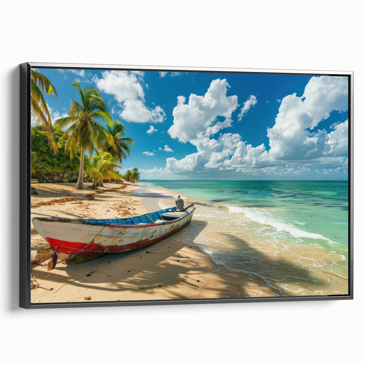 Black and white framed canvas of a serene Antiguan landscape, ideal for bedroom wall decor.