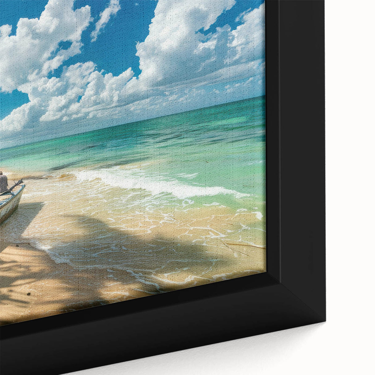 Extra large framed canvas featuring a textured black wall art scene of Antigua's coastline in vibrant colors.