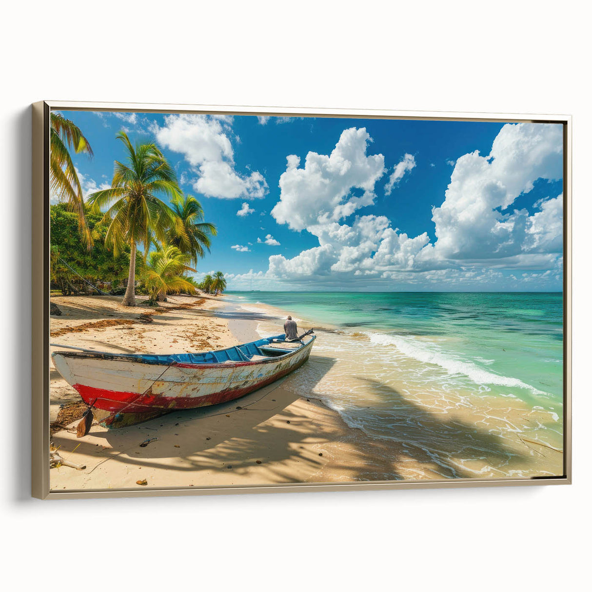 Framed canvas wall art featuring a vintage-style Caribbean landscape in muted gold and black tones.