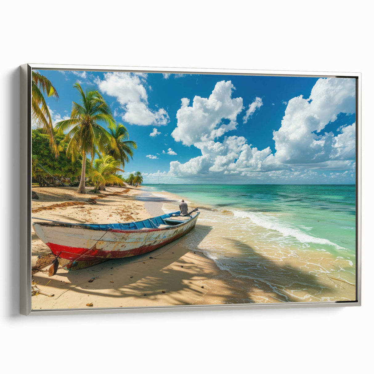 Framed canvas of a vintage Caribbean landscape in vibrant colors, ideal for enhancing a living room's ambiance.