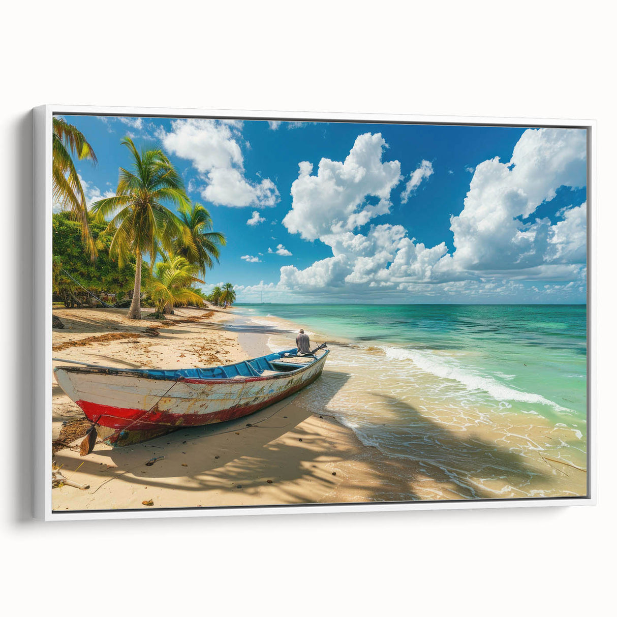 Vintage poster art featuring a Caribbean Antigua scenery in vibrant colors on a framed canvas, ideal for living room decor.