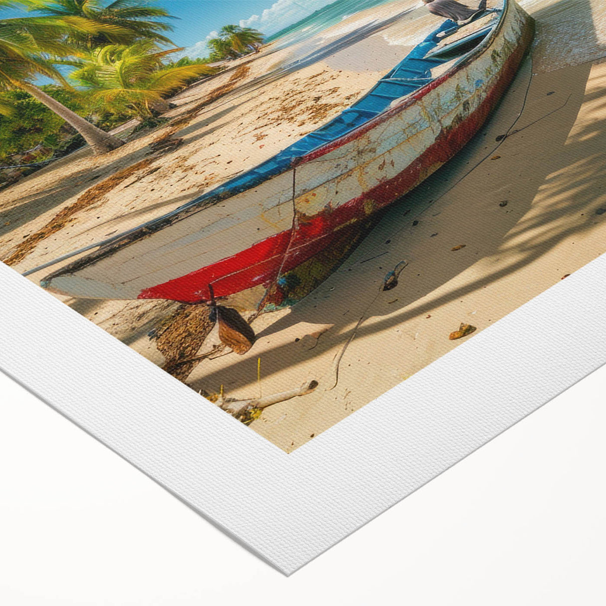 Art deco poster of a Caribbean scenery on rolled canvas, displaying vibrant ocean and sky, suitable for dining room wall art.