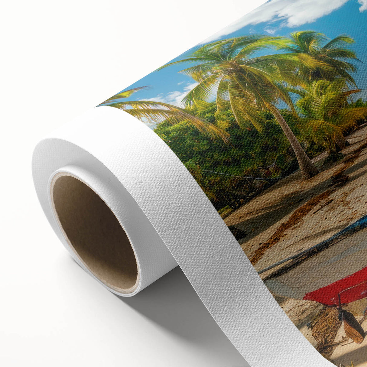 Art Deco style poster of Caribbean scenery on rolled canvas, with pastel hues, ideal for nursery wall art.