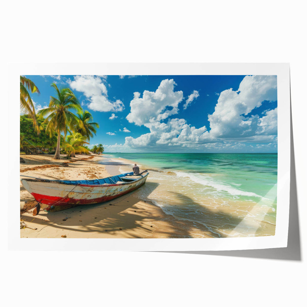 Extra large rolled print of a serene Caribbean Antigua scenery with vibrant blue and green tones.