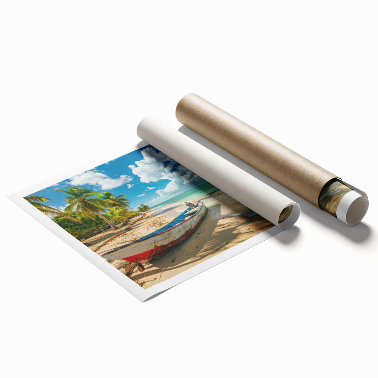 Extra large rolled print of a serene Antigua beach scene with soft blue and sandy tones, ideal for classy bathroom wall art.