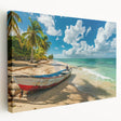 Large canvas print of a Caribbean beach scene in vibrant blue and turquoise tones, ideal for kitchen wall art.
