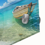 Large abstract wall art featuring Caribbean Aruba scenery in vibrant blues and greens on acrylic glass.