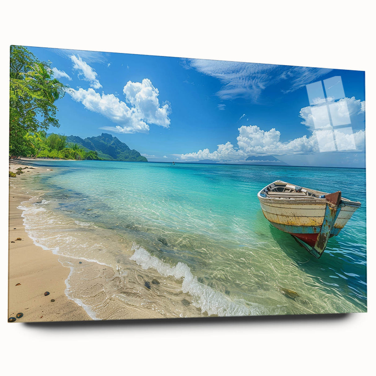 Large abstract wall art of a Caribbean scenery in vibrant blue and green tones on acrylic glass.