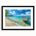 Extra large abstract art print featuring textured, colorful Caribbean scenery on a black framed canvas.