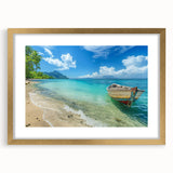 Abstract art print of a Caribbean Aruba landscape in muted blue and green tones on a framed gold mat.
