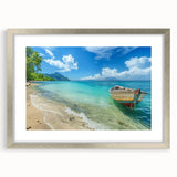 Extra large wall art of an abstract Caribbean scene in textured blues and greens, framed in silver.