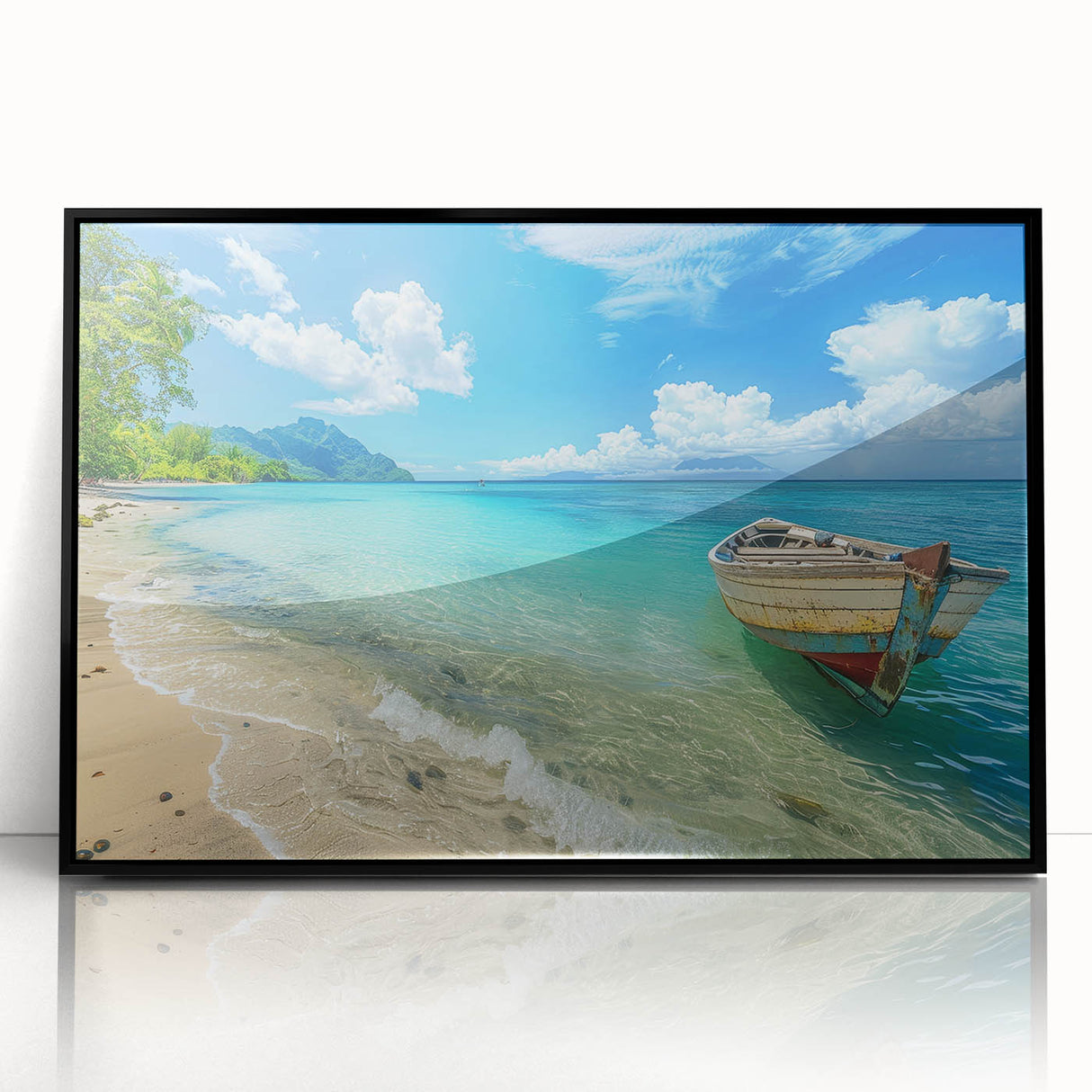 Framed acrylic print of a large abstract wall art depicting Caribbean scenery in vibrant blue and green tones.