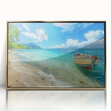 Art Deco style poster of Caribbean Aruba scenery with gold-framed acrylic, featuring vibrant ocean and sky colors.