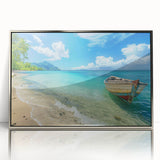 Large art print of a Caribbean Aruba scenery in pastel shades, framed in silver acrylic, suitable for modern art wall decor.