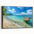 Black and white landscape art painting of Caribbean scenery on framed canvas, ideal for bedroom wall decor.