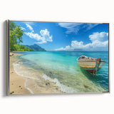 Framed canvas depicting a vintage-style Caribbean landscape with vivid blue skies and lush greenery.