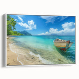 Vintage poster art of a Caribbean Aruba scenery on a large framed canvas, featuring vibrant tropical colors.