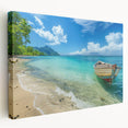Panoramic Caribbean Aruba landscape on large stretched canvas, with vivid blue and green tones, ideal for kitchen wall art.