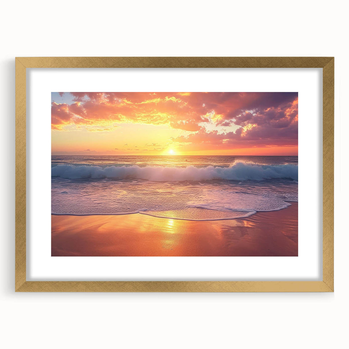 Abstract art print of Caribbean scenery in muted blue and green tones, framed in gold, suitable for dining room decor.