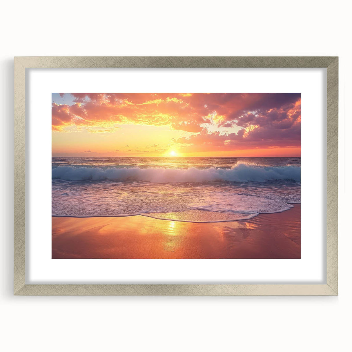 Extra large abstract art print featuring textured Caribbean scenery in blue and green tones, framed in silver.