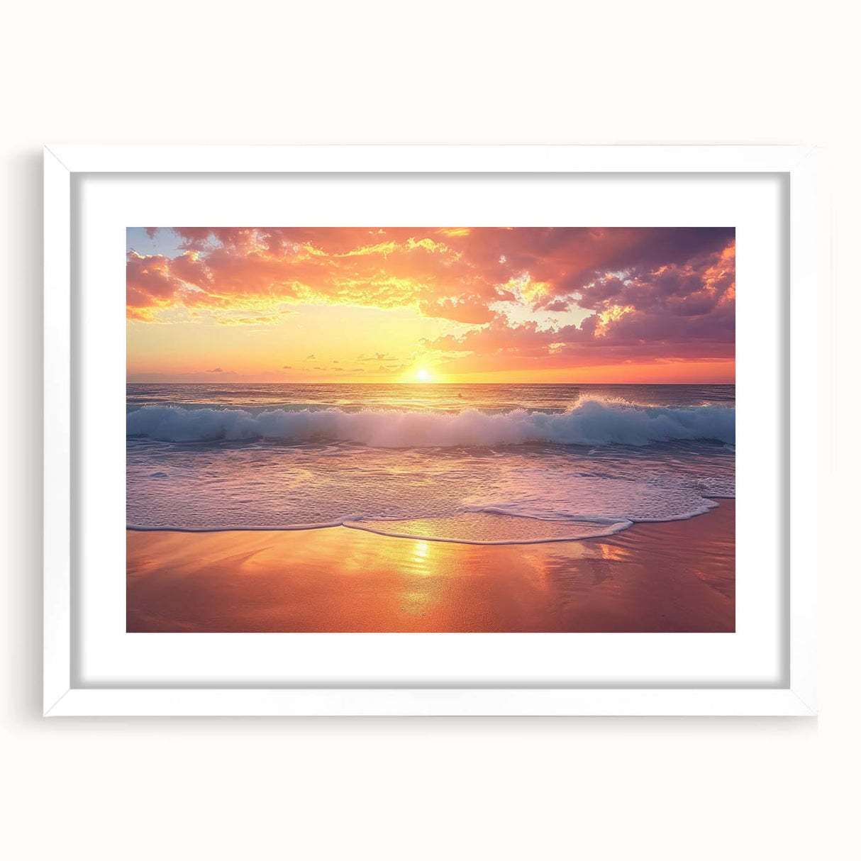 Textured abstract art print depicting a serene Caribbean scenery in soft blue and green tones on a framed white mat.