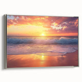 Framed canvas featuring a vintage Caribbean landscape with vivid blue and green tones.