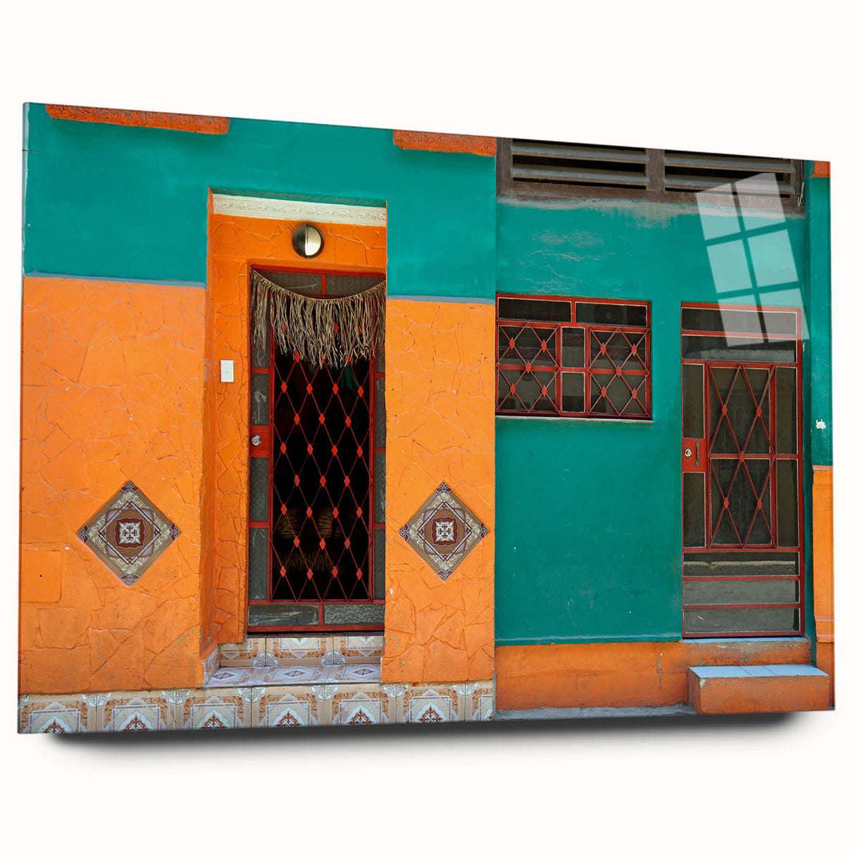 Large abstract wall art of a Caribbean scenery on acrylic glass, featuring vibrant blue and green tones.
