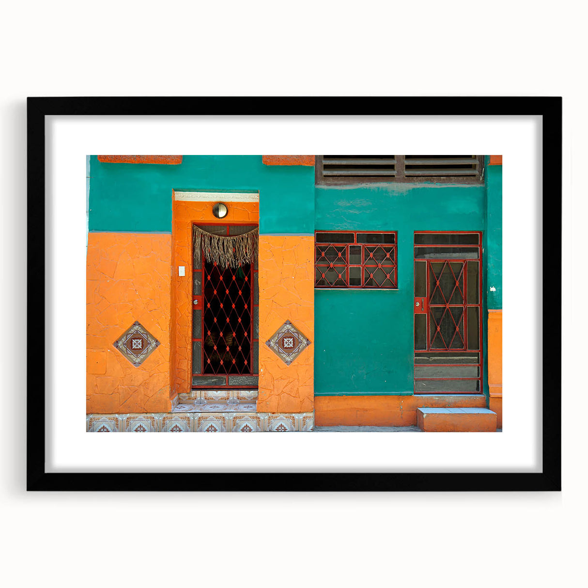 Extra large abstract art print featuring vibrant Caribbean scenery on a textured canvas, framed in black.