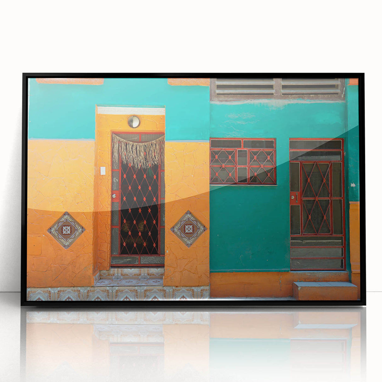 Large abstract wall art depicting a vibrant Caribbean scene in acrylic, framed in black, ideal for modern living room decor.