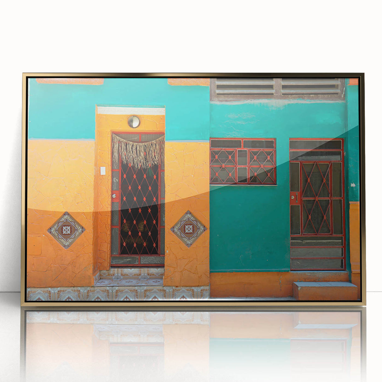 Large art print of a Caribbean Cuba scenery in mid-century modernist style, framed in gold acrylic.