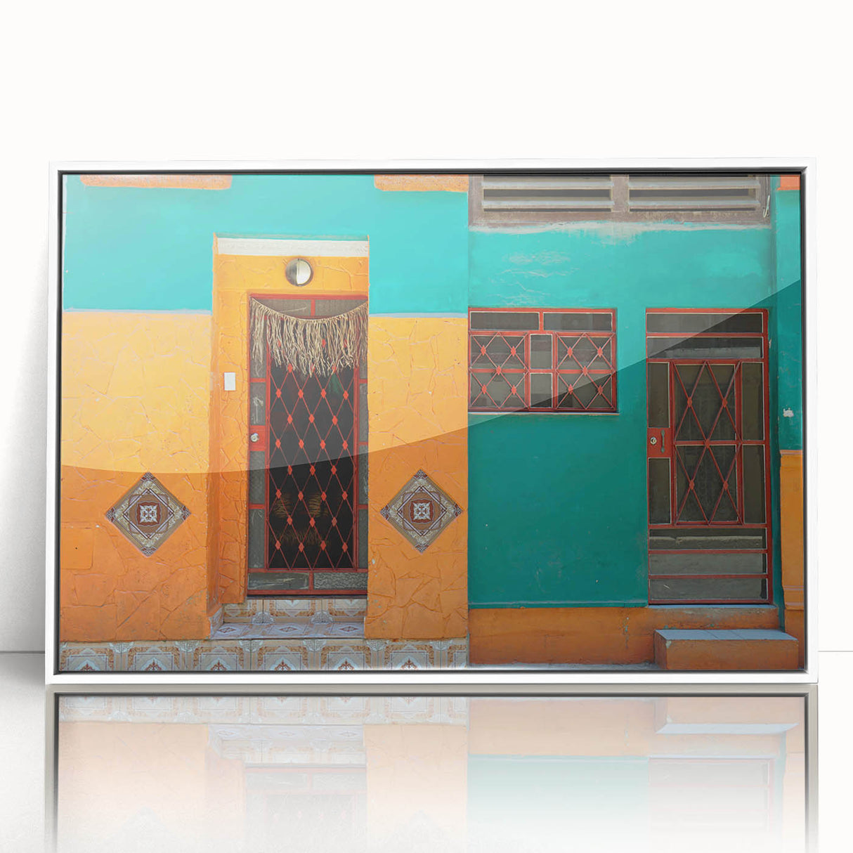 Art deco poster of a Caribbean scene in pastel shades, framed acrylic print ideal for modern nursery wall art.
