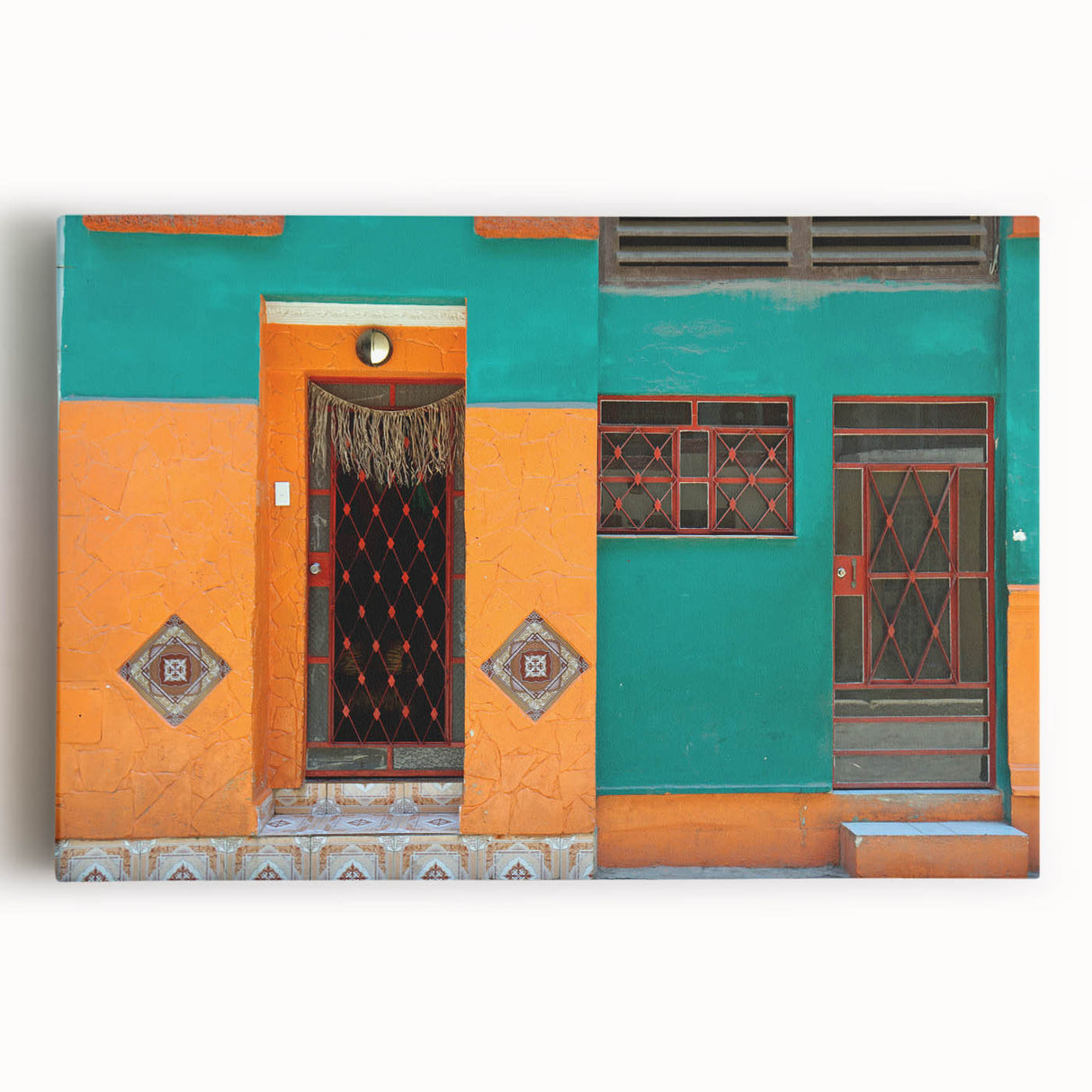 Black and white photograph of a Caribbean street scene on stretched canvas, suitable as kitchen wall art.