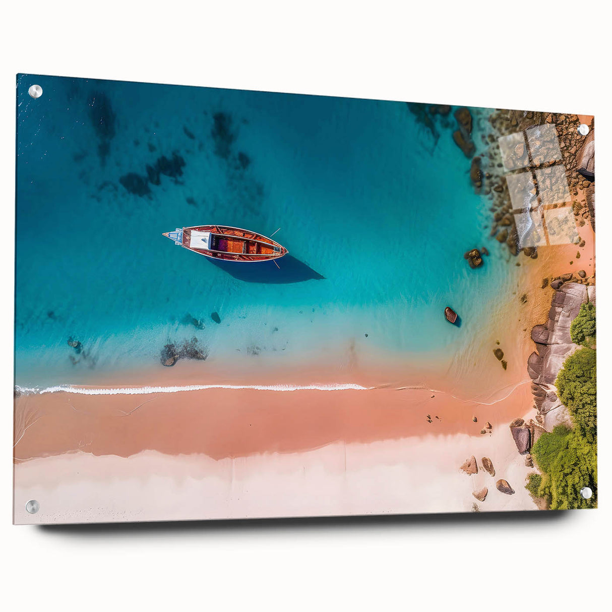 Large abstract wall art depicting a Caribbean scenery on acrylic glass, suitable for bedroom or dining room decor.