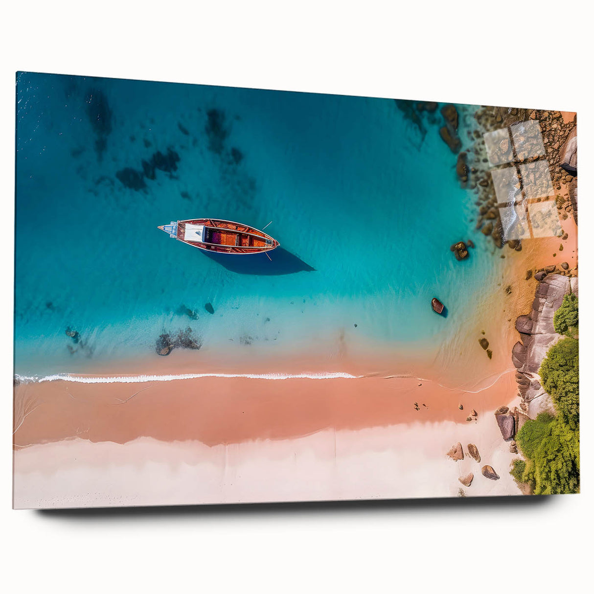 Large abstract wall art on acrylic glass depicting a serene Caribbean scene in muted blue and green tones.