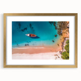 Abstract art print of a Caribbean scenery in muted blue and green tones on a framed canvas, ideal for dining room decor.