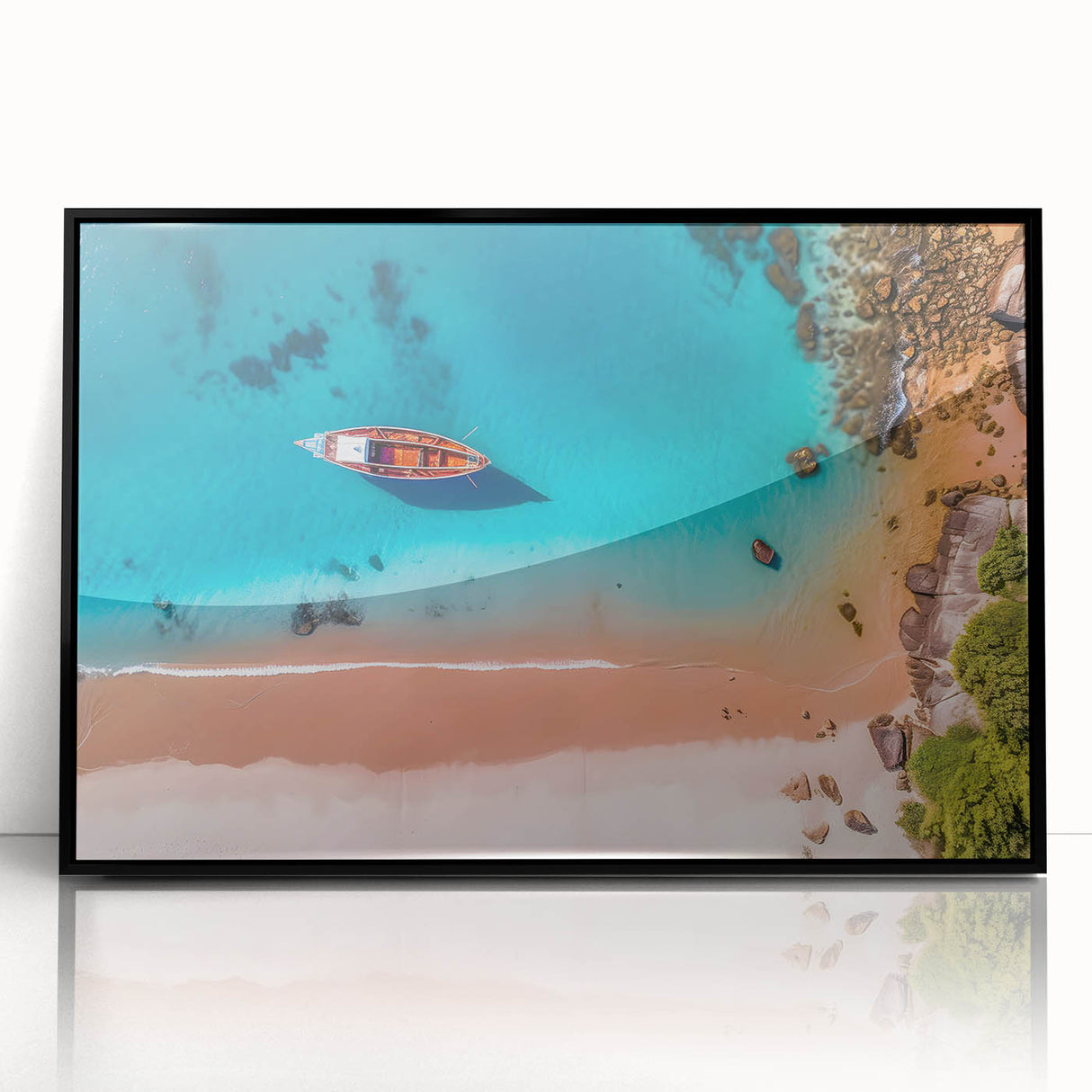 Large abstract wall art depicting a Caribbean scene in muted blue and green tones on a framed acrylic.
